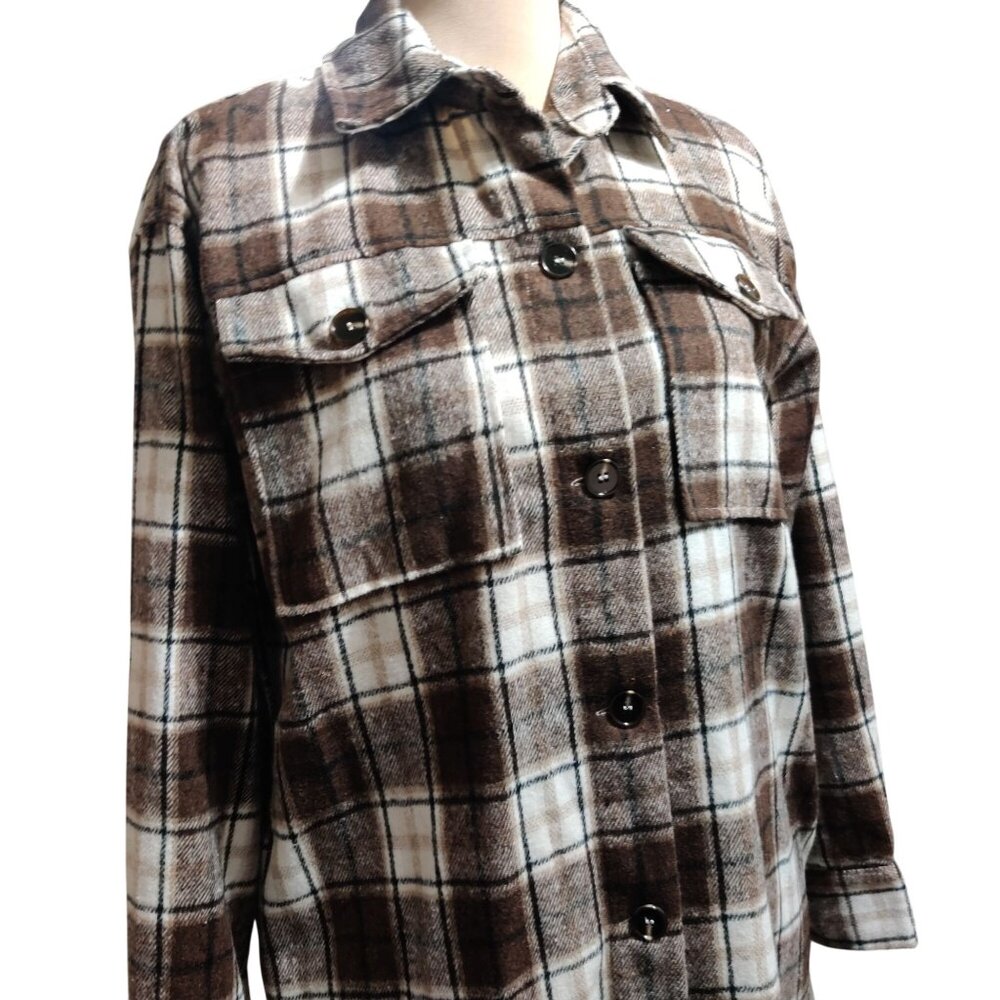 Camellia M Brown Plaid Longline Shirt Jacket Chest Pockets Button Front Shacket - Picture 2 of 9